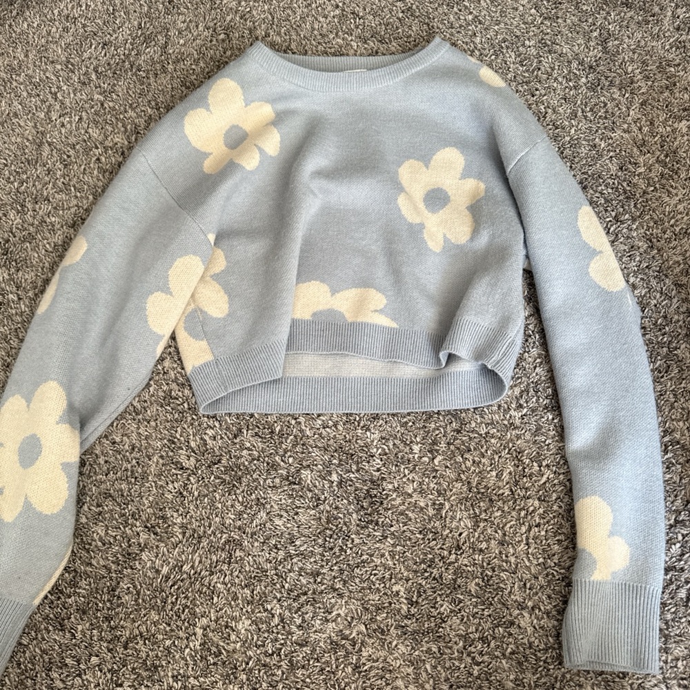 Blue and Cream Crew Neck Sweater with Floral Design